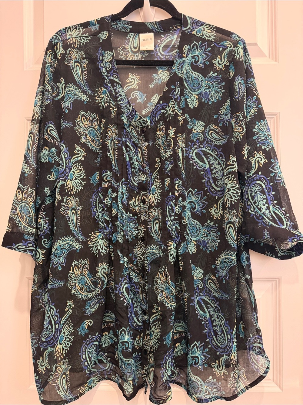Blair Sheer Paisley Tunic in Black and Teal